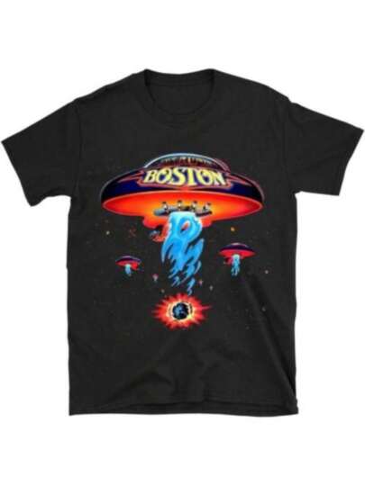 Camiseta gráfica Boston Band Spaceship para hombres - 100% algodón, camiseta casual de cuello redondo con diseño geométrico, lavable a máquina