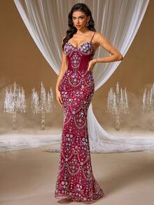 GIFORU Luxury Wine Red Sequin Spaghetti Strap Beaded Mermaid Dress, Fitted Silhouette, New Bride Wedding Gown, Formal Prom Gown, Women's Occasion Dress For Wedding, Party, Birthday - Hot Pink - View 9