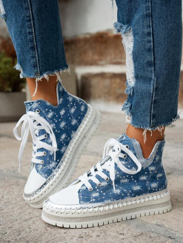 Chaussures en canevas à semelle épaisse avec décoration de strass et paillettes pour femmes, design à lacets, polyvalentes, bleues, convenant à la rentrée scolaire, style campus, rétro, baskets compensées