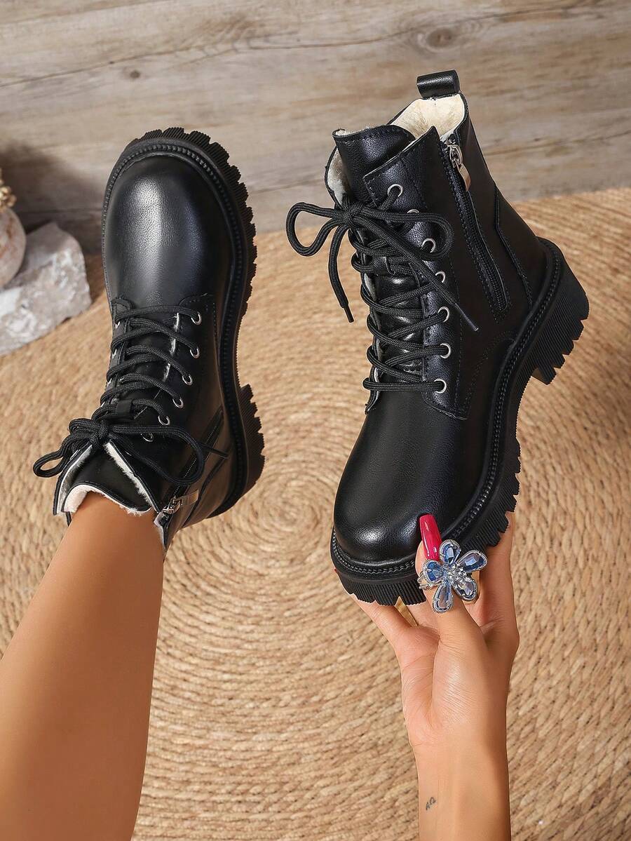 2026春秋冬新款女式踝靴，侧拉链踝靴，平底休闲女鞋，学院风女式踝靴，女式踝靴，白色女式踝靴，时尚女式踝靴，系带女鞋，女式踝靴，时尚女靴，百搭女式踝靴，保暖女靴 - 黑色 - 查看 1