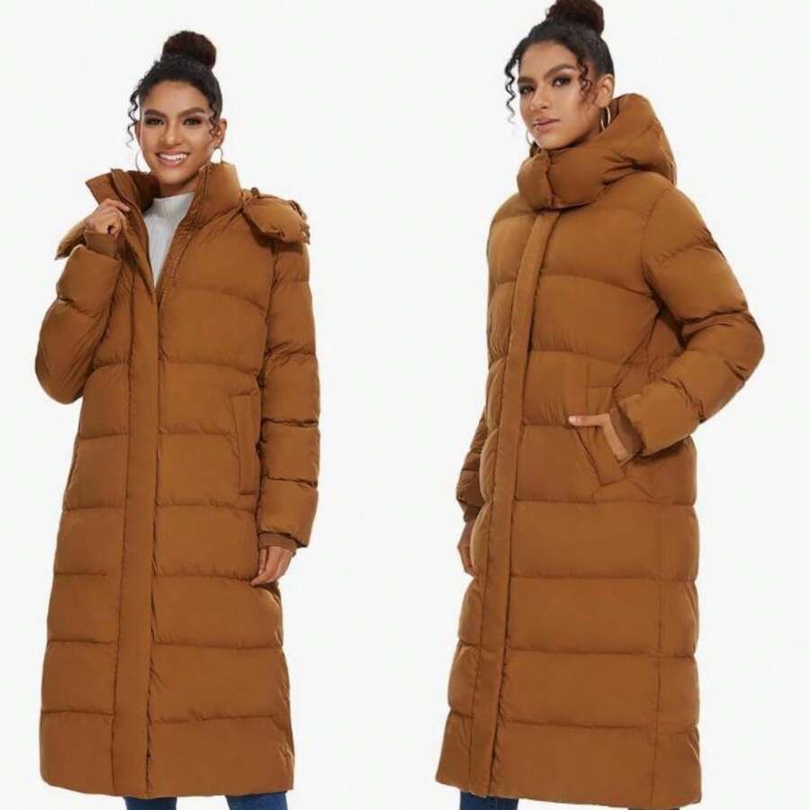 Chamarra larga tipo cazadora manga recto capucha gorro acolchonada  juvenil moda chic Liso    Casual    Bolsillo  Cordón  Cremallera - Marrón Mocha - Ver 1