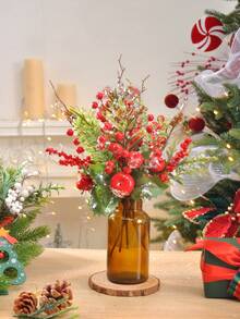 1PC/2PCS/4PCS Christmas Decoration Artificial Pine Branches With Red Apple Berries Pinecone Artificial DIY Craft Flower Wreath Home Decoration Christmas Decorations Room Decor Winter