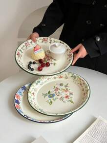 1 Stück Blumen-Emaille-Teller, französischer vintage Blumen-Frisch-Blau Dessert-Teller, Retro-Teller für Pasta, Frühstück, Obst, Suppenlöffel, geeignet für Restaurant, Wohnzimmer, Küche, Geschirr