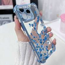 1pc New Floral Electroplated 4-Corner Air Cushion Anti-Drop/Thickened Transparent TPU Protective Case Compatible With Iphone/16prmax/16pro/16/13promax/12promax11, 15PROMAX, 14PROMAX - 藍色 - 查看 2