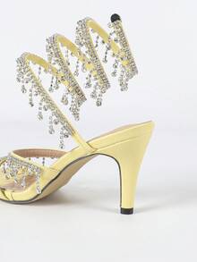 Giày cao gót đế xuồng cho nữ, thời trang tối giản, quai ngang đính đá Rhinestone, mũi tròn, phù hợp cho mùa hè và mùa thu - Màu vàng - Xem 9