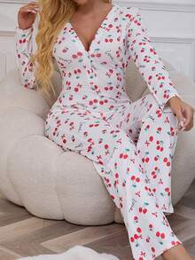 1 件女式连体衣卡通樱桃印花连体衣罗纹性感睡衣连体睡衣圣诞节假期家庭睡衣，秋季 - 白色 - 查看 6