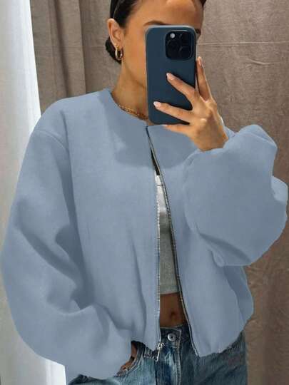 Chaqueta de béisbol para mujer, estilo bomber, estilo callejero, cuello redondo, hombros caídos, mangas farol, chaqueta con cremallera, ropa de abrigo, otoño/invierno