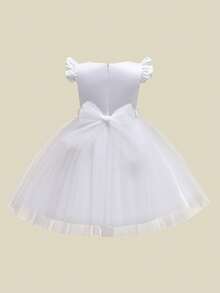 Young Girls' Solid Color Chiffon & Satin Dress, Simple & Elegant Dress Suitable For Performance, Hosting, Runway, Does Not Include Hair Accessories - White - View 2