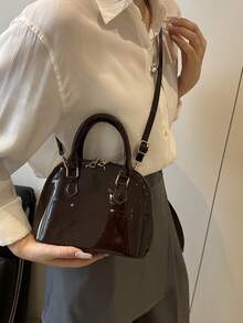 时尚纯色简约亮面PU手提包，适合购物、日常携带、年轻女性、大学生、年轻职业人士、办公室、学校、工作、商务、通勤、户外活动、旅行和短途旅行。 - 咖啡 - 查看 3