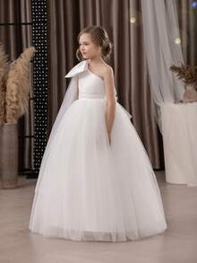 少女白色单肩薄纱蝴蝶结优雅圣诞派对礼服，公主裙，适合女孩生日礼物、派对、婚礼花童、伴娘、感恩节、毕业典礼等场合。 - 白色 - 查看 7