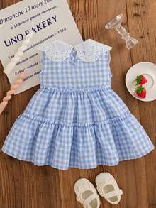 夏季女婴草莓荷叶边领格子无袖连衣裙，适合小女孩的可爱休闲连衣裙 - 藍色 - 查看 2