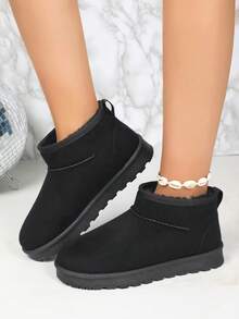 女式厚雪地靴，保暖内衬，保暖，厚底，经典休闲雪地靴，一脚蹬，秋冬 - 黑色 - 查看 4