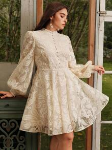 Anewsta Women's Elegant Floral Embroidered Lantern Sleeve Stand Collar Waist Cinch Mesh Midi Dress, Boho Spring Outfits For Plus Size