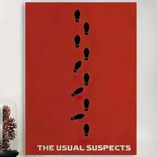 Framed   "The Usual Suspects" Canvas Wall Art, Vintage Style With Red Background And Footprint Silhouettes - Ideal For Living Room, Bedroom, Home Office Decor