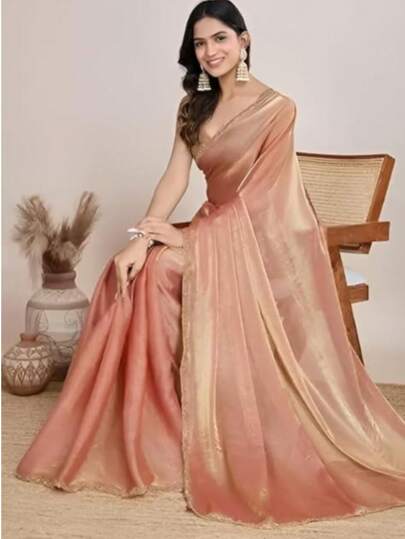 Estationeryhouse Designer Shiny Two Tone Soft Tissue Silk Saree With Antique Embroidered Border, Blouse Piece Included(Dusty Pink)
