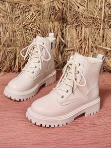 2025新款秋冬'女鞋'厚底大码学生鞋'时尚百搭休闲'女鞋'侧拉链'学生鞋'青少年中学生鞋'学生靴'休闲踝靴 - 白色 - 查看 6