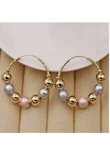 1 Pair Bohemian Style Metal Beaded Hoop Earrings, Suitable For Women's Daily, Party, Travel Jewelry Gift