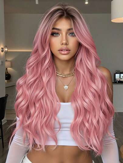 26 Inch Butterfly Haircut Synthetic Wig Pink Long Curly Wigs With Bangs Synthetic Fiber Hair Wigs Hair Replacement Wigs For Women Girls Synthetic None Lace Wigs Music Festival