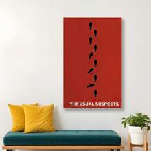 Framed   "The Usual Suspects" Canvas Wall Art, Vintage Style With Red Background And Footprint Silhouettes - Ideal For Living Room, Bedroom, Home Office Decor