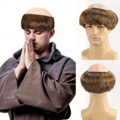 1pc Christmas Cosplay Bald Wig, Monk Wig, Brown & Silver Bald Cap, Adult Monk Role Play Decoration Prop