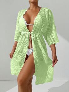 Women's Solid Color Jacquard Off-Shoulder Long Sleeve Beach Cover-Up With Waist Tie - Green - View 5