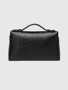 1 pieza Bolso bandolera cuadrado de unicolor con textura de avestruz de PU, adecuado para combinar con la moda diaria y salidas de las mujeres - Negro - Ver 4