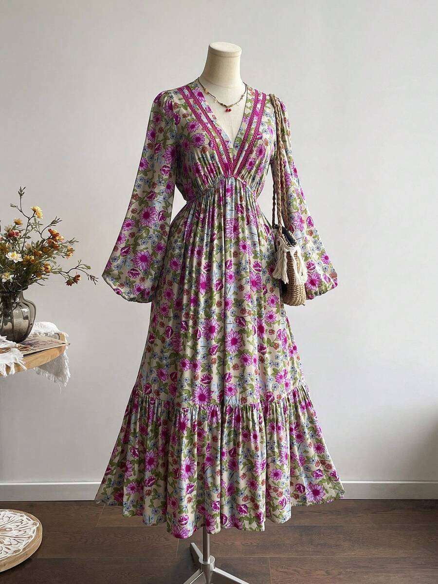 Rusttydustty Đầm cổ chữ V tay phồng họa tiết hoa cổ điển, phong cách Bohemian, thích hợp cho các lễ hội âm nhạc và những dịp tương tự, kiểu dáng thanh lịch mùa xuân. - Bụi hồng - Xem 1