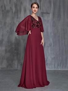 Faeriesty Đầm dành cho mẹ cô dâu thanh lịch, thiết kế cổ chữ V, tay áo xếp ly, chân váy chữ A bồng bềnh - Sự lựa chọn lý tưởng cho các đám cưới trang trọng, tiệc gala, tiệc kỷ niệm, sự kiện từ thiện và các buổi tiệc sang trọng. - Màu Đỏ Sâu - Xem 3