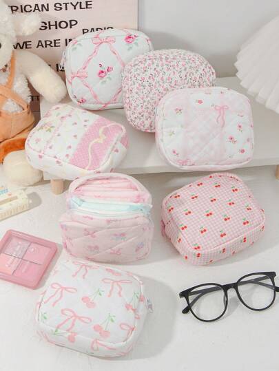 1 Pc Mini Floral Print Coin Purse Cute Cherry Pattern Makeup Pouch Portable Lipstick Storage Bag Soft Fabric Sanitary Pad Storage Bag Girly Wallet Purse Foam Quilted Make Up Bag Small Items Organizer Bag Charger Organizer Bag Headphone Organizer Bag Pink Bow Knot Travel Cosmetics Bag Mini Bag Coin Purse Napkin Pouch For Girl Purse Essentials Perfect Gift For Back To School Birthday Gifts Gifts Dorm Supplies School Supplies