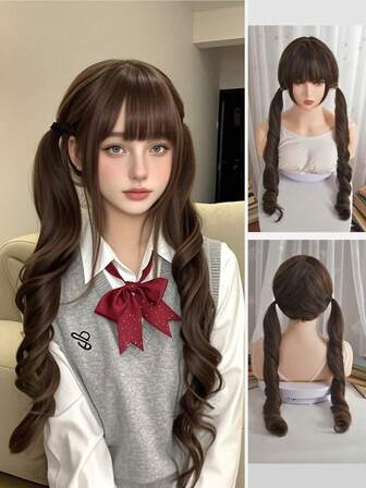 双马尾的洛丽塔，日式长卷发和刘海，JK全套头饰。长卷发的洛丽塔，榛子灰棕色假发，全套头饰。