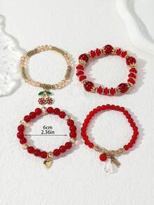 Set de 4 piezas de pulsera de aleación y cuentas de vidrio, con colgante de cereza y corazón, adecuado para uso diario de adolescentes - Multicolor - Ver 2
