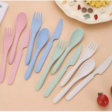 Wheat Straw Utensil Set, 3-Piece Fork Knife Spoon, Portable Travel Cutlery For Camping, Office,  Friendly Reusable - Multicolor - View 4