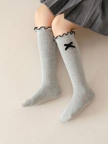1 双/3 双儿童秋冬及膝袜，黑白灰色蝴蝶结装饰，校园风格女童蕾丝边长袜