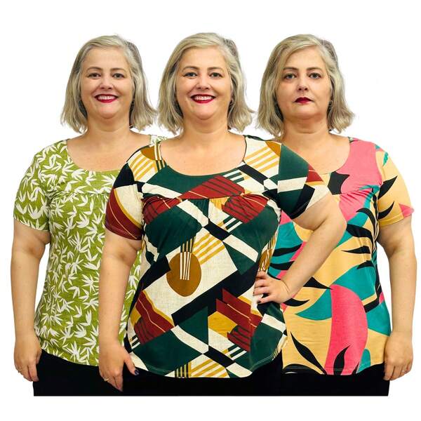 Kit 3 Blusas Plus Size Femininas Estampadas Moda Evangélica Gospel Manga Curta