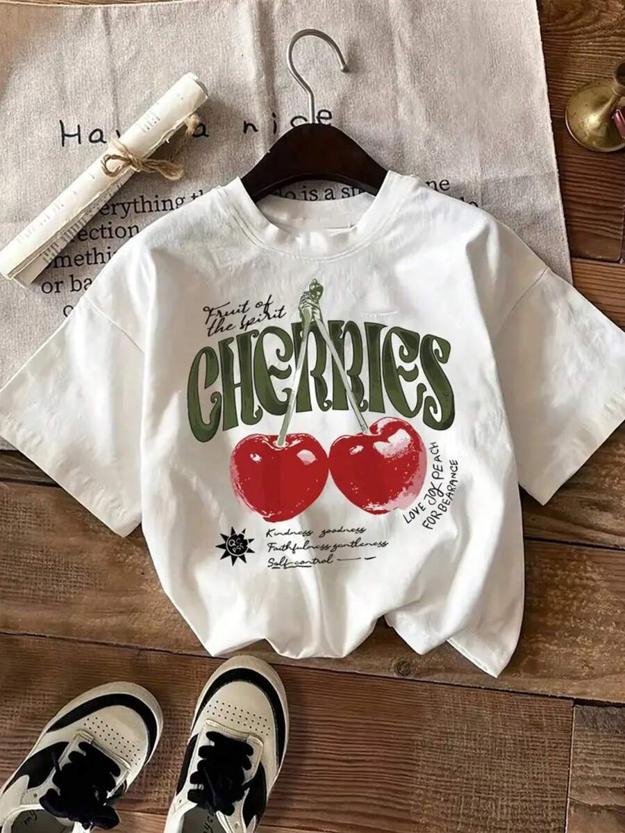 Playera Mujer Cuello Redondo Estampada, Sello Cherries, Casual Algodón - Blanco - Ver 1