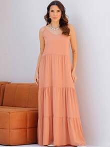 Women's Long Viscose Dress With Adjustable Straps - Khaki - View 1