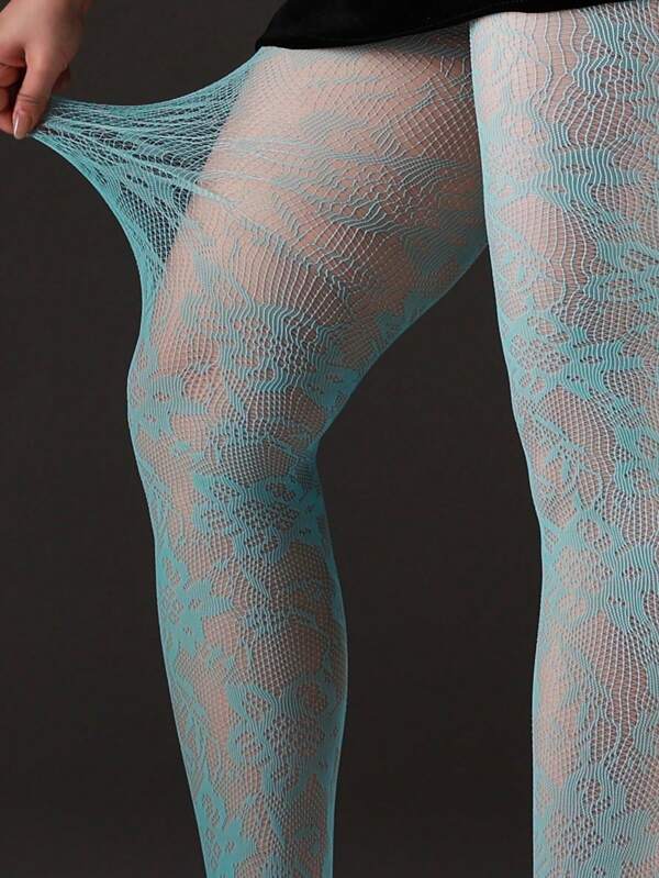 1pc Plus Size Jacquard Fishnet Stockings, Floral Hollow Out Leggings, Sexy & Fashionable, Suitable For Party, Home, Office, Halloween, Y2K Gothic Style, Back To School Tights
