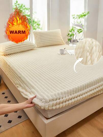 1pc Striped Fleece Thickened Warm Fitted Sheet Fitted Sheet Set, Plush Mattress Protector Cover, Luxury Ultra Soft And Cozy Fabric For Bedroom, Dorm, Guest Room Suitable For Fall Winter And Spring Fits Twin Full King Queen Size Bed