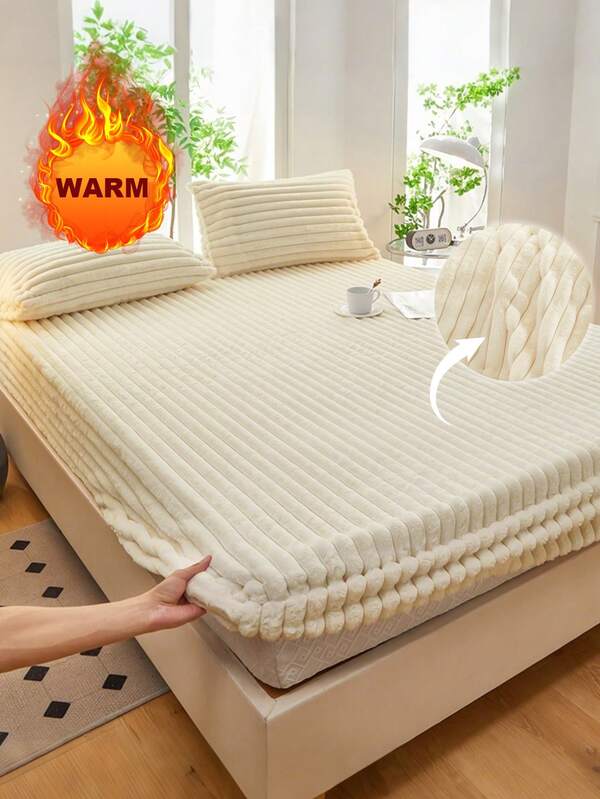 1pc Striped Thickened Fleece Fitted Sheet Set, Soft & Comfortable, Suitable For Bedroom, Dorm, Hotel, Applicable For Twin, Full, Queen, King Size Beds, Autumn/Winter/Spring