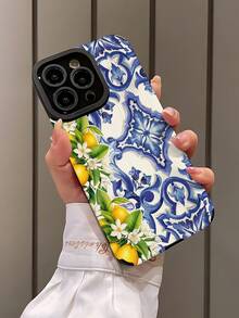 1 pieza Funda de teléfono suave vintage con patrón floral azul vertical, compatible con Apple 15/15PLUS/15PRO/15PROMAX, resistente al agua, a los golpes y a los arañazos - Multicolor - Ver 3