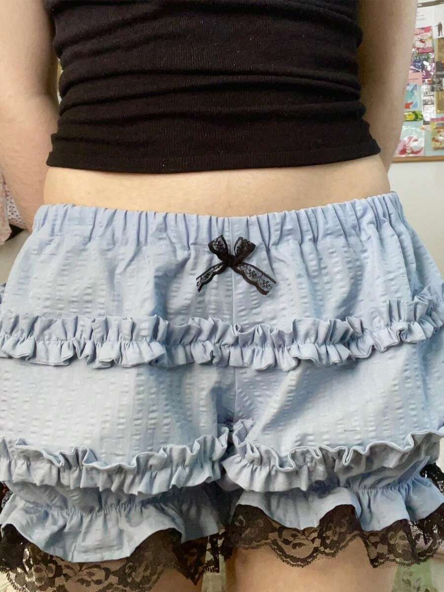 Women's Summer Ruffled Shorts With Black Lace Trim For Daily Wear With Bow Detail And Layered Design - 藍色 - 查看 1