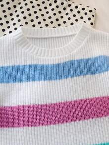 Girls' Colorful Striped Knit Pullover Sweater, Casual Everyday Wear, Suitable For Spring, Autumn, Winter - White - View 4