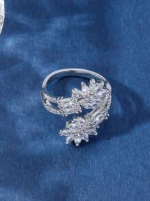 1pc Elegant White Gold Plated Copper Ring With Zirconia Stone, Adjustable, Charming Jewelry Gift For Women, Suitable For Casual, Party, Date Wear