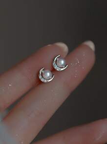 1pair Elegant & Delicate Faux Pearl Crescent Moon Stud Earrings - Antique Silver - View 12