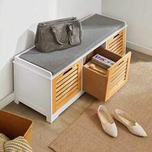 SoBuy FSR23 Modern Shoe Chest With Baskets (Grey) Bench Shoe Cabinet With Seat Cushion Toy Chest White With Grey - 白色+卡其色 - 查看 6