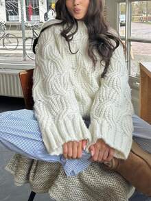 女士秋冬新款法式浪漫森系时尚休闲百搭简约优雅宽松针织毛衣 - 米色 - 查看 4