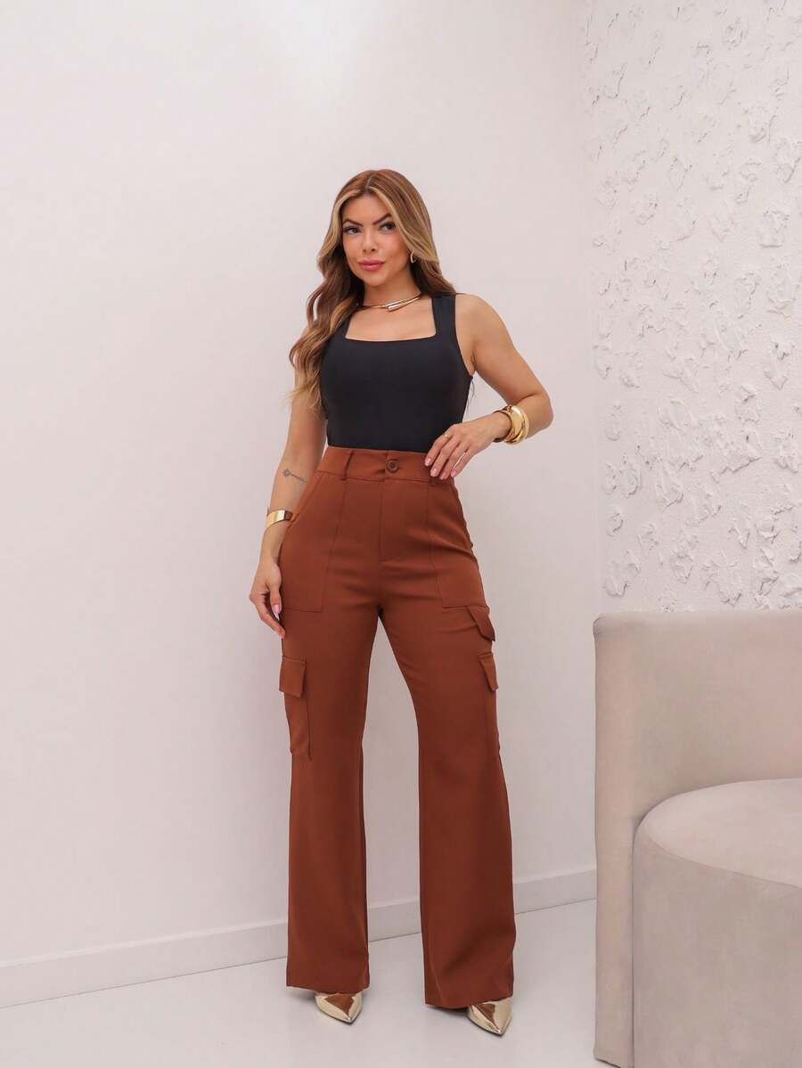 YING ZI Wide Leg Buckle Pocket Color Tailored Pants - nâu sẫm - Xem 1