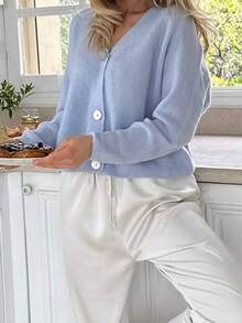 Women V Neck Knitted Cardigan Long Sleeve Button Down Basic Sweater Fall Casual Knit Tops - Blue - View 3