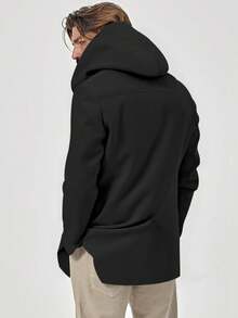 男士连帽长袖风衣，双排扣中长款风衣，休闲通勤轻便商务风衣，复古英伦风，秋冬款 - 黑色 - 查看 2