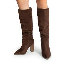 Botas altas para mujer de puntera puntiaguda, tacón grueso y bloque, de ante, con cremallera lateral, cómodas y de moda, estilo holgado, para otoño/invierno - Marrón Chocolate - Ver 9